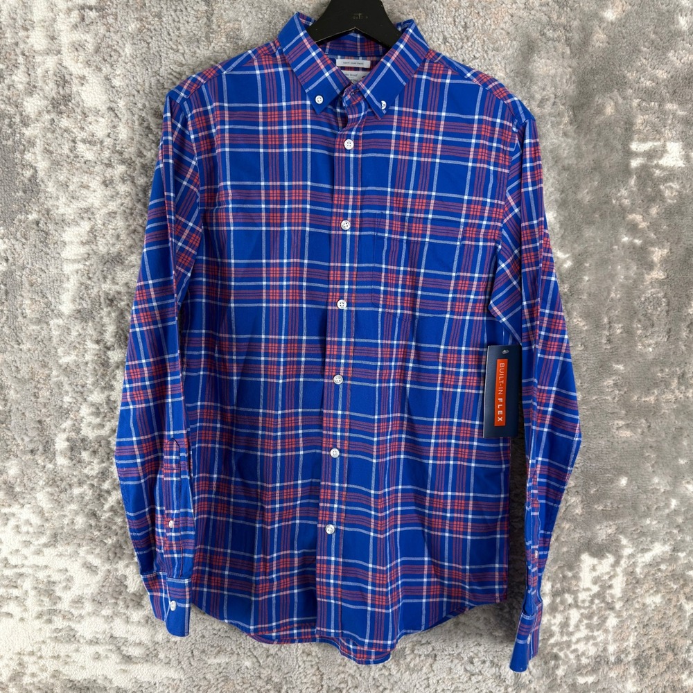 New Old Navy Size S Slim Fit Built-In Flex Plaid Oxford Shirt Blue LS Men
